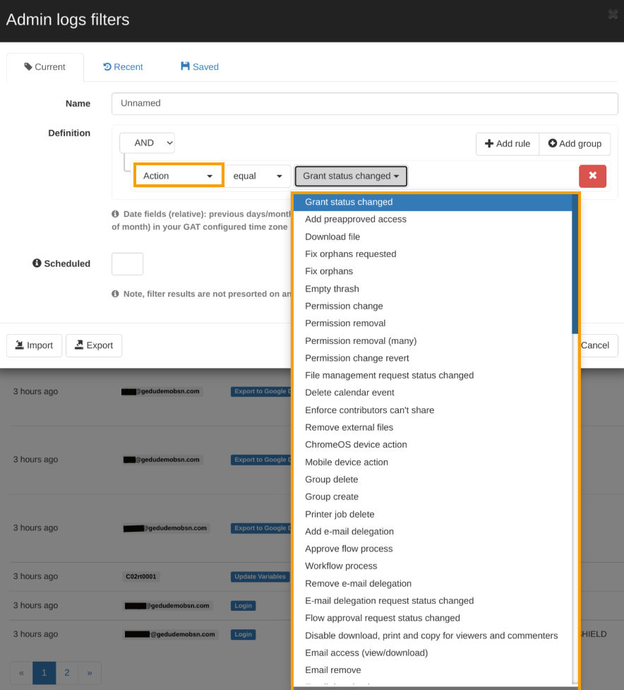 Actions that can be taken with Admin log filters