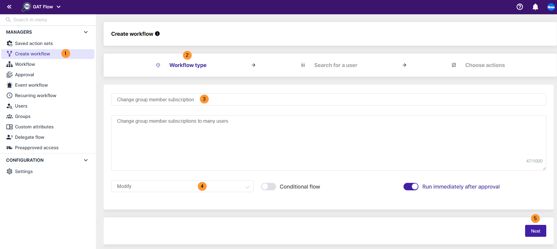 Screen showing Creation of workflow in GAT flow to change email subscription