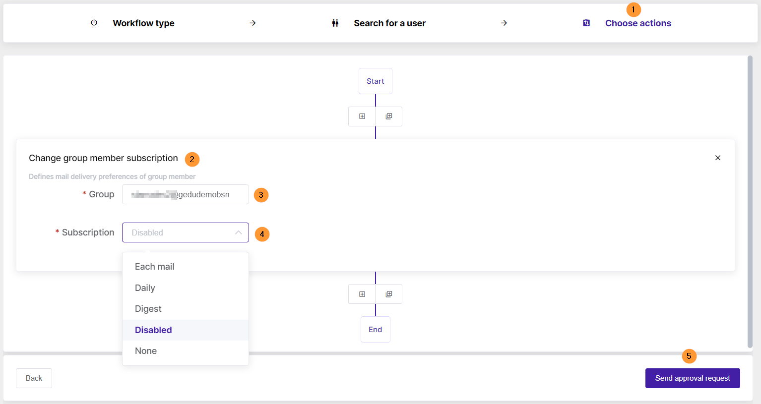 Select groups and subscription type after selecting 'change group email subscription' from the list 